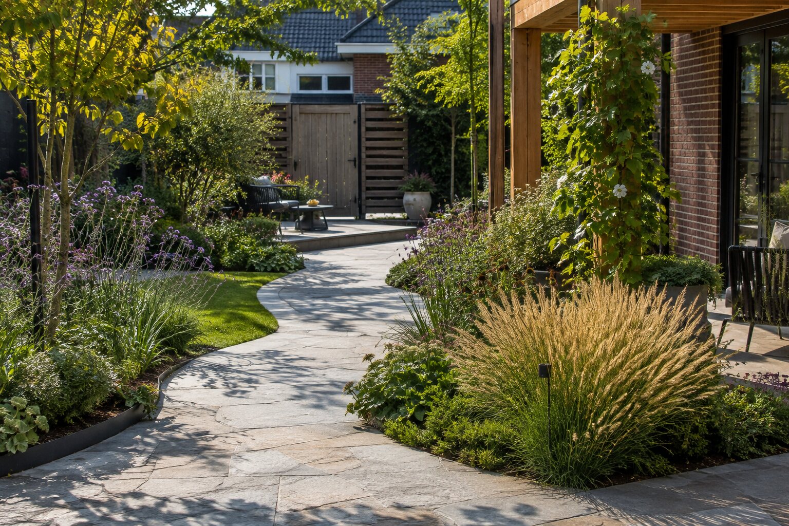 Mooie tuin met natuurlijke bestrating en beplanting