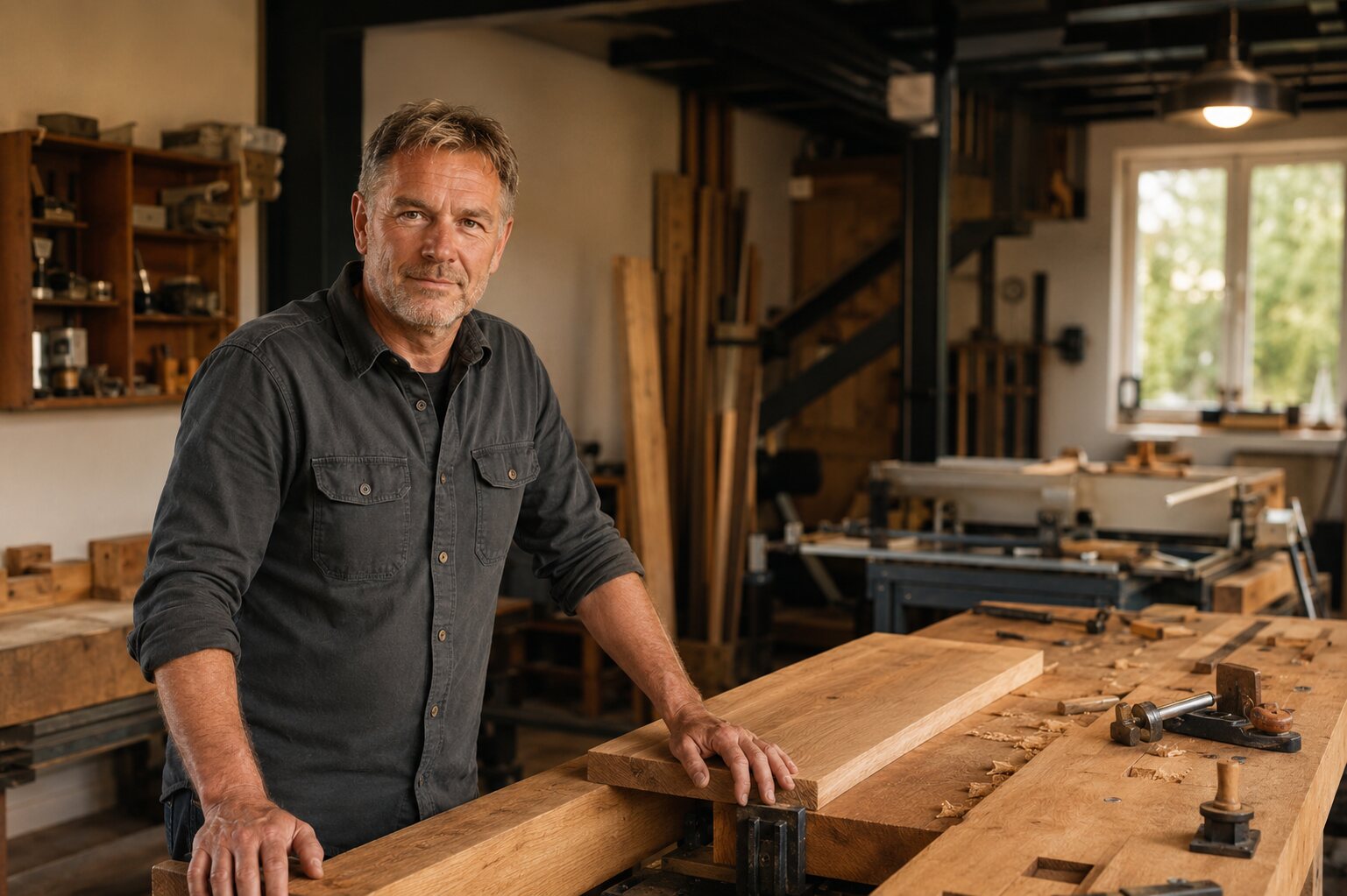 Ervaren timmerman in zijn werkplaats